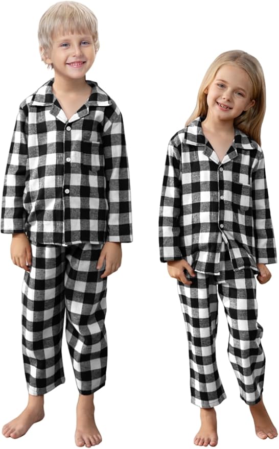 Schbbbta Kids Pajamas Set, Plaid Button Down Pjs for Girls & Boys, 9 Months - 14 Years
