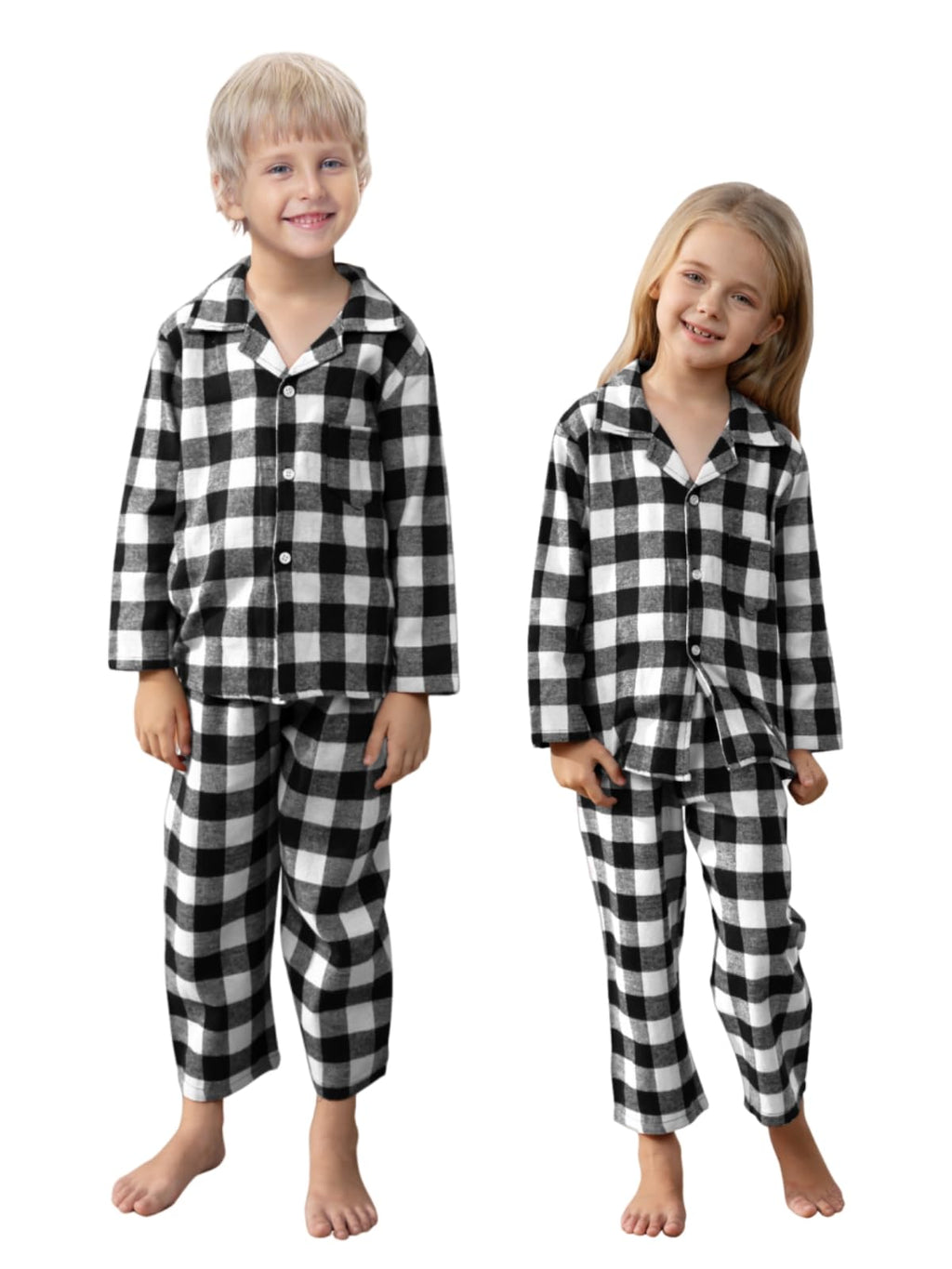 Schbbbta Kids Plaid Pajamas Set, Baby Toddler Little Boy's Girl's 2-Piece Button Down Sleepwear Pjs, Black White, 5-6 Years = Tag 130
