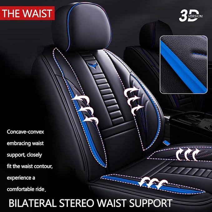 Full Set of Universal Fit Automotive Seat Covers fit for Suzuki 1999-2025 95% Models, PU Leather Automobile Interior Sets with Headrest & Back Pillow Black & Blue Line