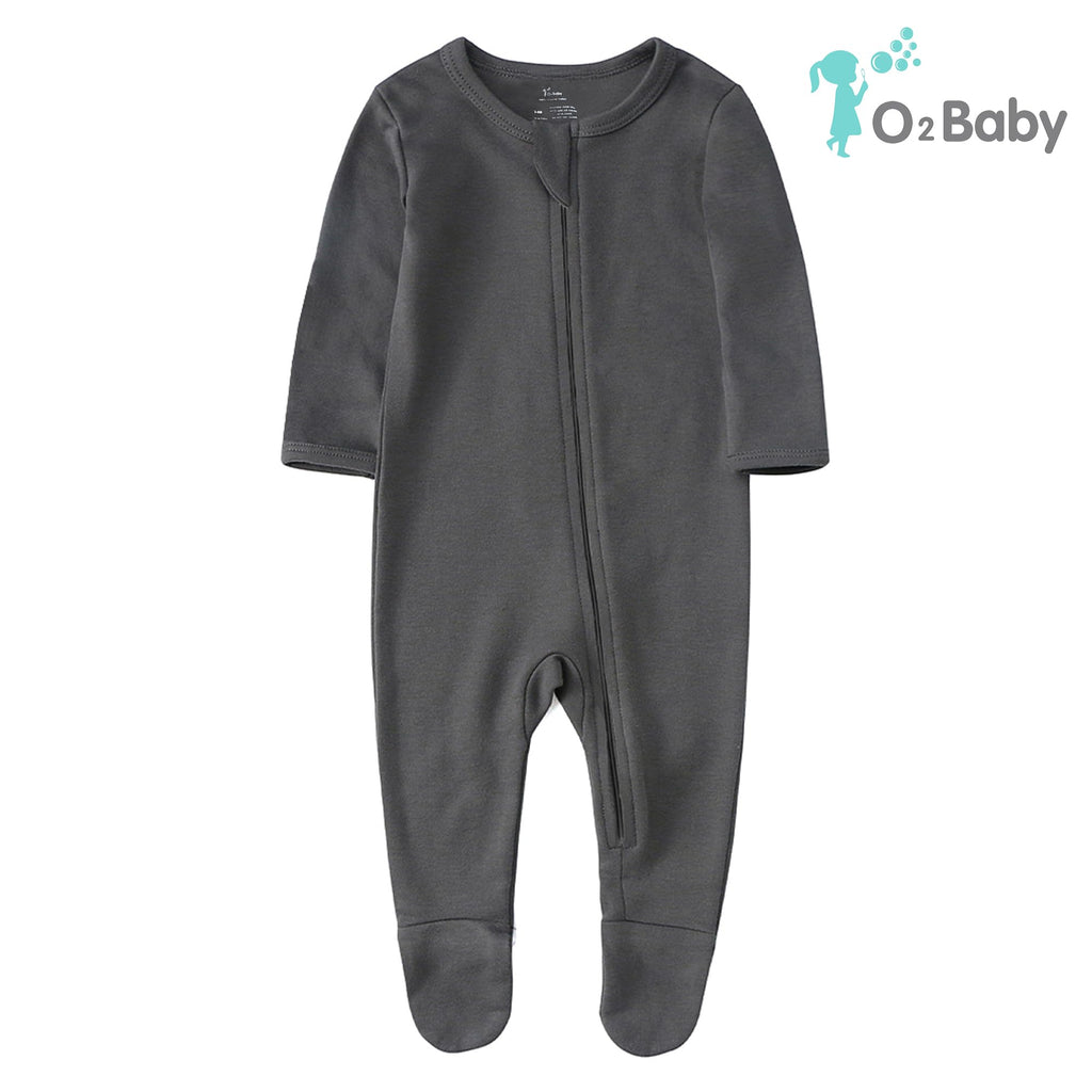 O2 BABY Baby Boys Girls Organic Cotton Zip Front Sleeper Pajamas, Footed Sleep 'n Play（Newborn, Gray）