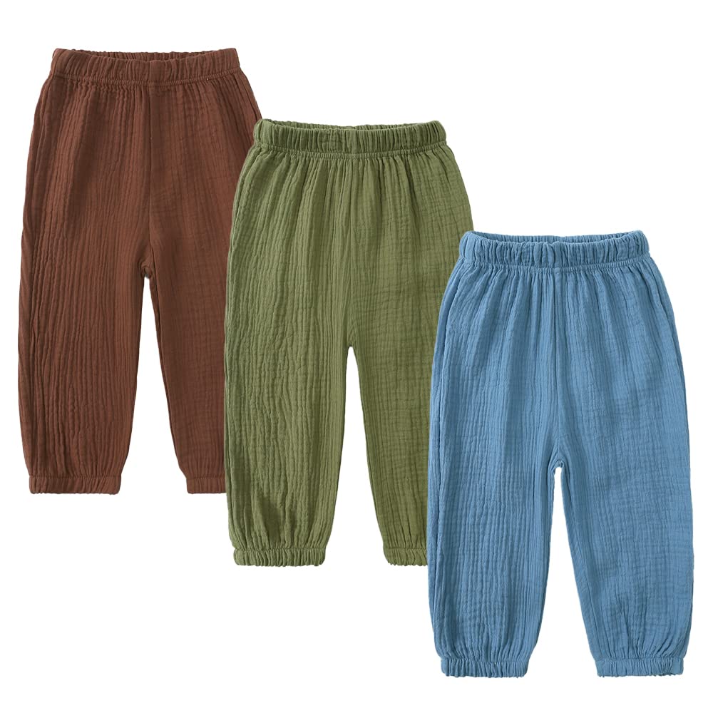 MYGBCPJS Baby Boys Girls 3 Pack Cotton Linen Long Bloomers Ankle Length Trousers Kids Lightweight Elastic Waist Harem Pants