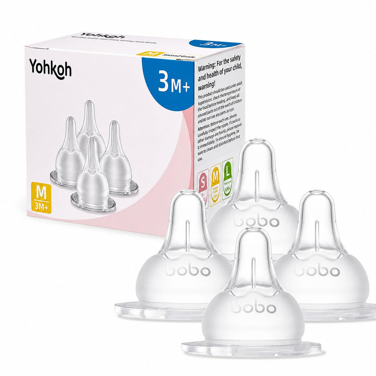 YOHKOH Baby Bottle Nipples for Wide Neck Bottles, 100% Natural Feel Silicone Nipples, BPA-Free (6m+, L, 4 Counts)