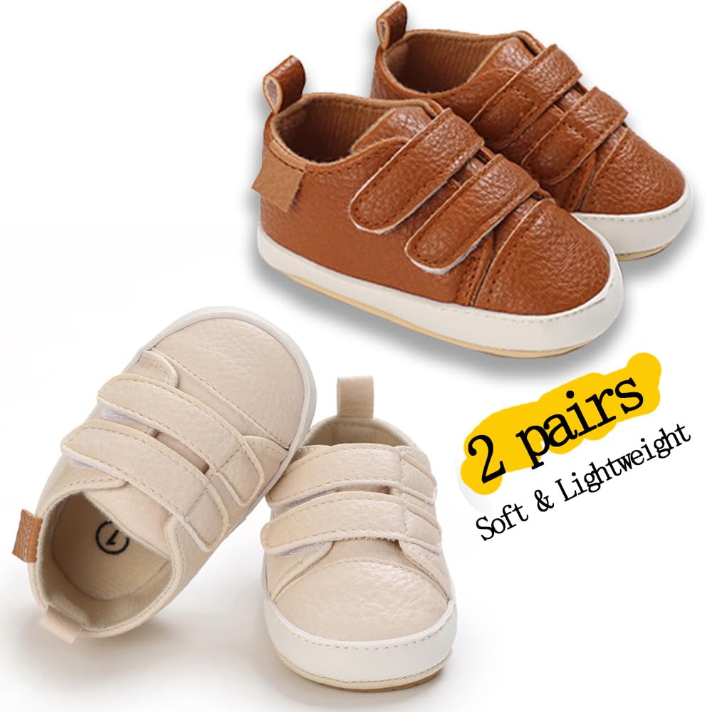 eitwo 2Pairs Baby Shoes,Boys Girls Non-Slip Rubber Sole Sneakers,Unisex Infant Soft Lightweight First Walking Crib Shoes (2Pairs_Brown+Beige,6-12 Months)