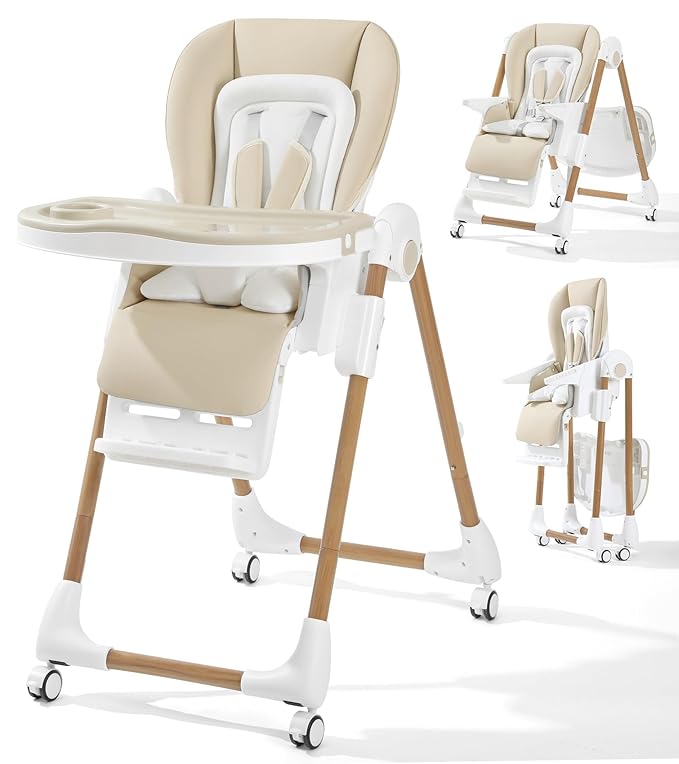 Mallify Foldable High Chairs for Babies and Toddlers, 3-in-1 Convertible Baby High Chair with Removable Soft Cushion and Tray, Adjustable Height & Recline, Lockable Wheels, Cream