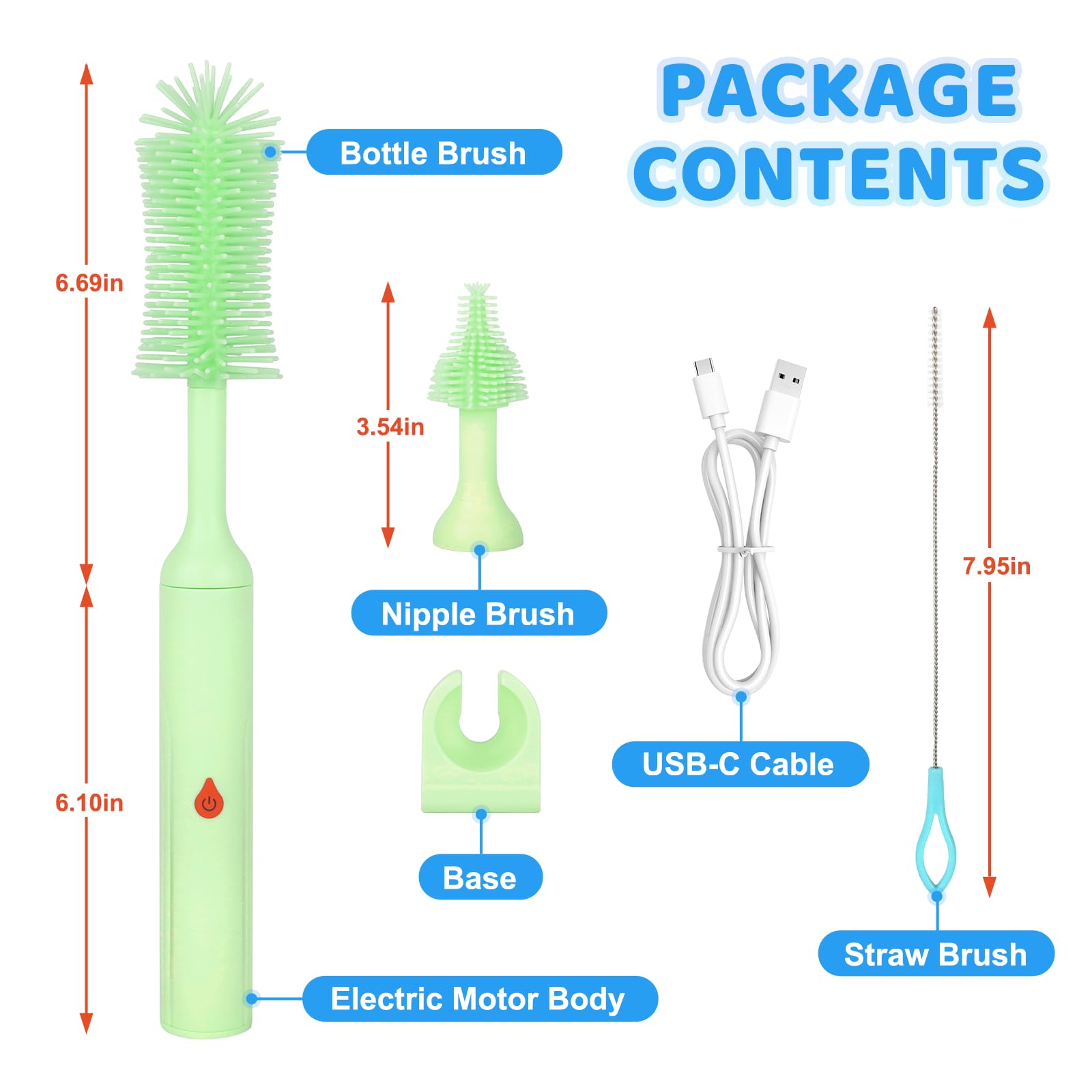 ULTRAFIRE Electric Bottle Brush, Baby Bottle Cleaner with Silicone Brush, Waterproof, 2 Modes & 360 Rotation, Green