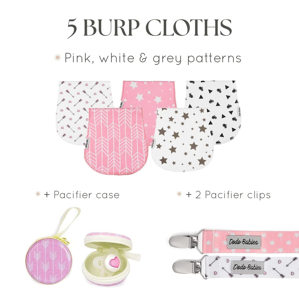 Dodo Babies 5-Pack Baby Burp Cloths - Soft & Absorbent Baby Spitup Cloths - Contoured Shape for Infant Essentials - Includes Pacifier Clips & Pacifier Case - 19 x 9 in, 2 Clips & Case, Pink/White/Grey
