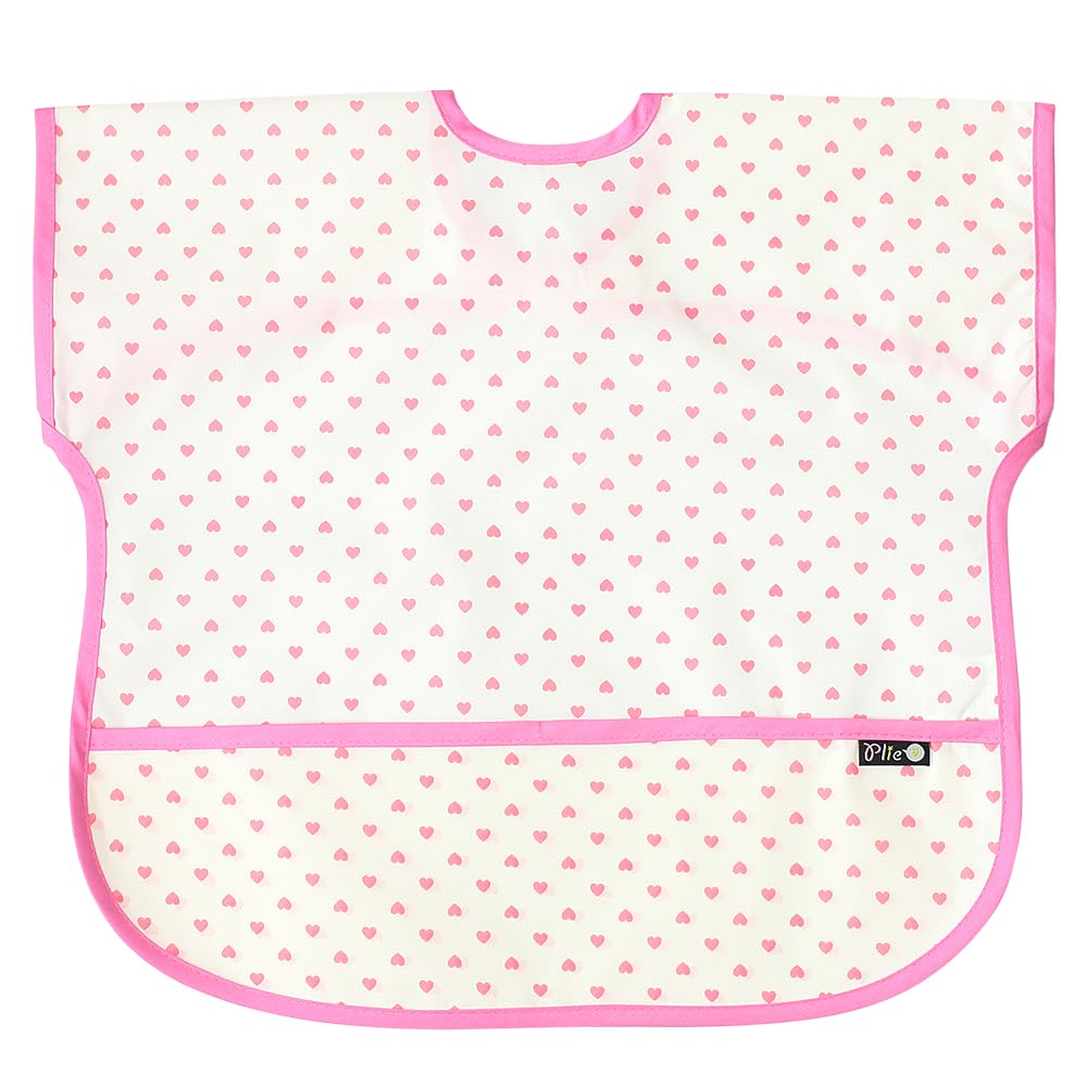 Plie Short Sleeve Waterproof Bib for Toddlers – Easy Clean Feeding Apron for Mealtime, Daycare, Self-Feeding & Messy Play, Lightweight BPA-Free Baby Bib (6–24 Months) - Pink Heart