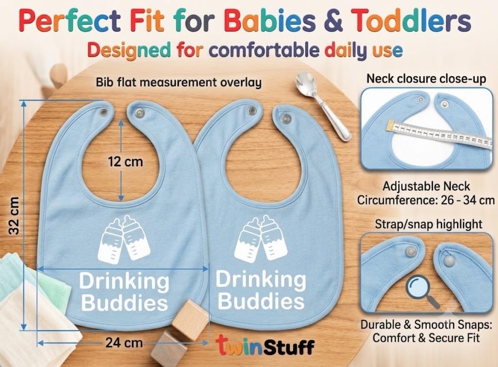 100% Cotton Drinking Buddies Twin Bibs for Babies – Soft, Cute & Practical Waterproof, Durable, Unisex Bibs for Twins. Ideal for Mess-Free Feeding, Everyday Use, and Protecting Clothing from Spills