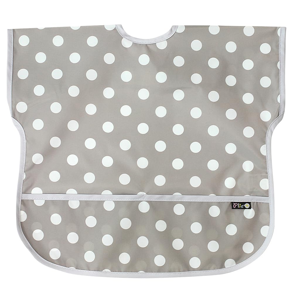 Plie Short Sleeve Waterproof Bib for Toddlers – Easy Clean Feeding Apron for Mealtime, Daycare, Self-Feeding & Messy Play, Lightweight BPA-Free Baby Bib (6–24 Months), Feeding - Gray Dot