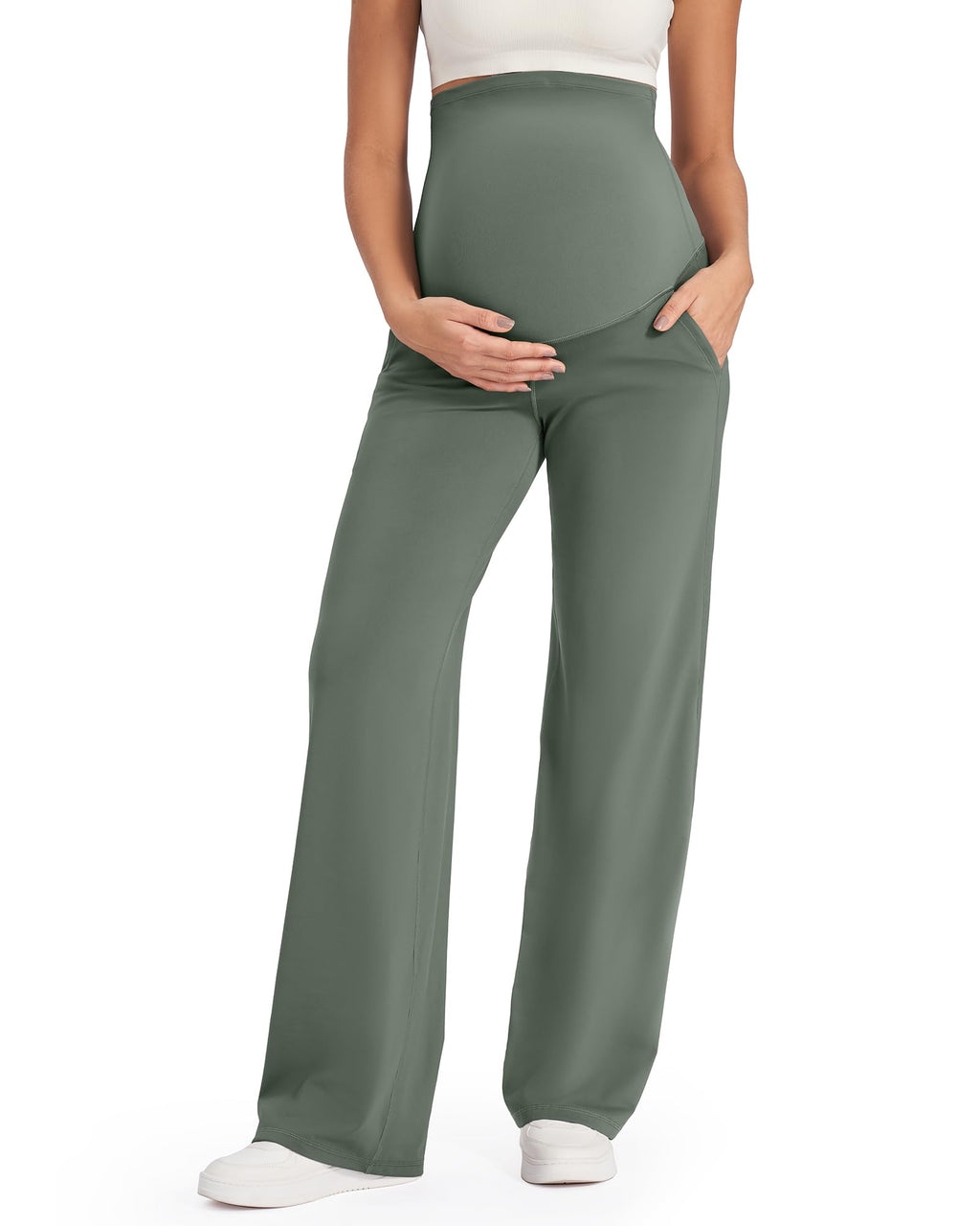 G4Free Maternity Work Pants Over the Belly for Yoga,Gray Sage,XL,Regular