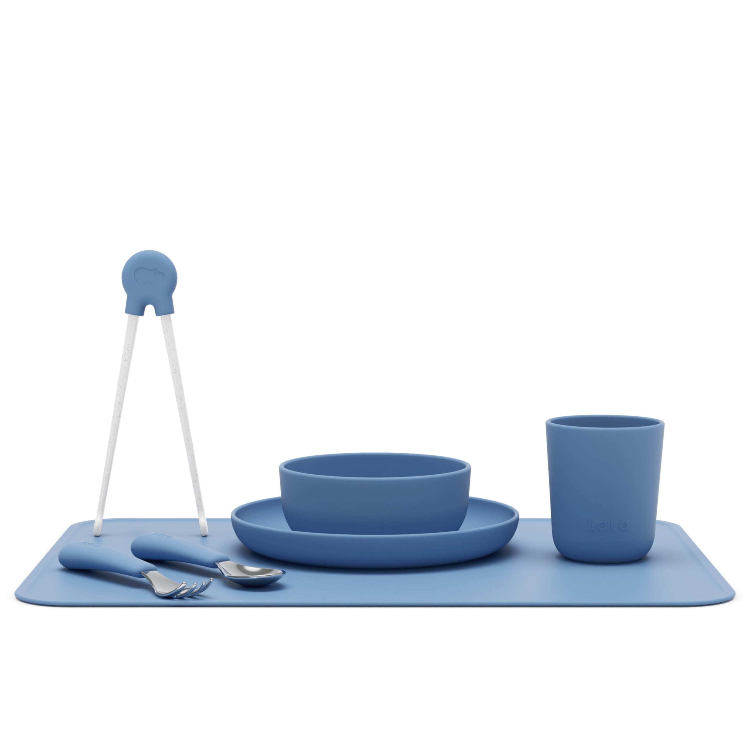 Lalo Big Bites Kids Dinnerware Full Set - Dishwasher Safe, BPA Free, Kids Tableware Set - Includes Stackable Bowl, Plate, Utensils & Cup - 7 Pieces - Blueberry