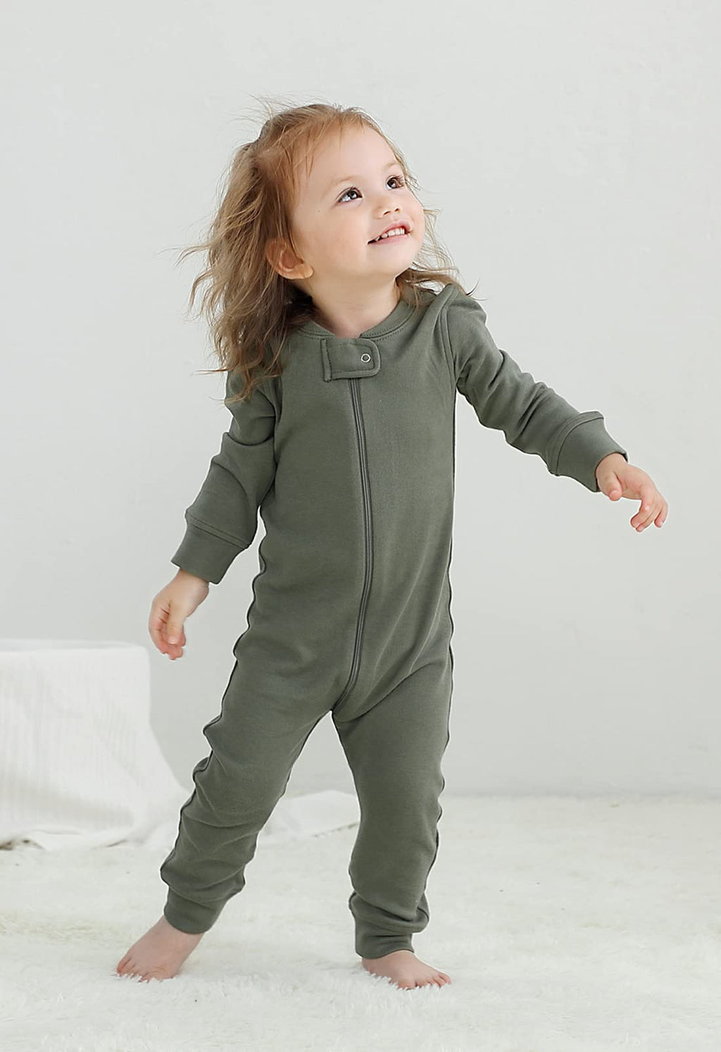 Owlivia Organic Cotton Baby Boy Girl Zip up Sleep N Play, Footless, Long Sleeve(12-18 Months, Dark Grey Melange & Olive Green)