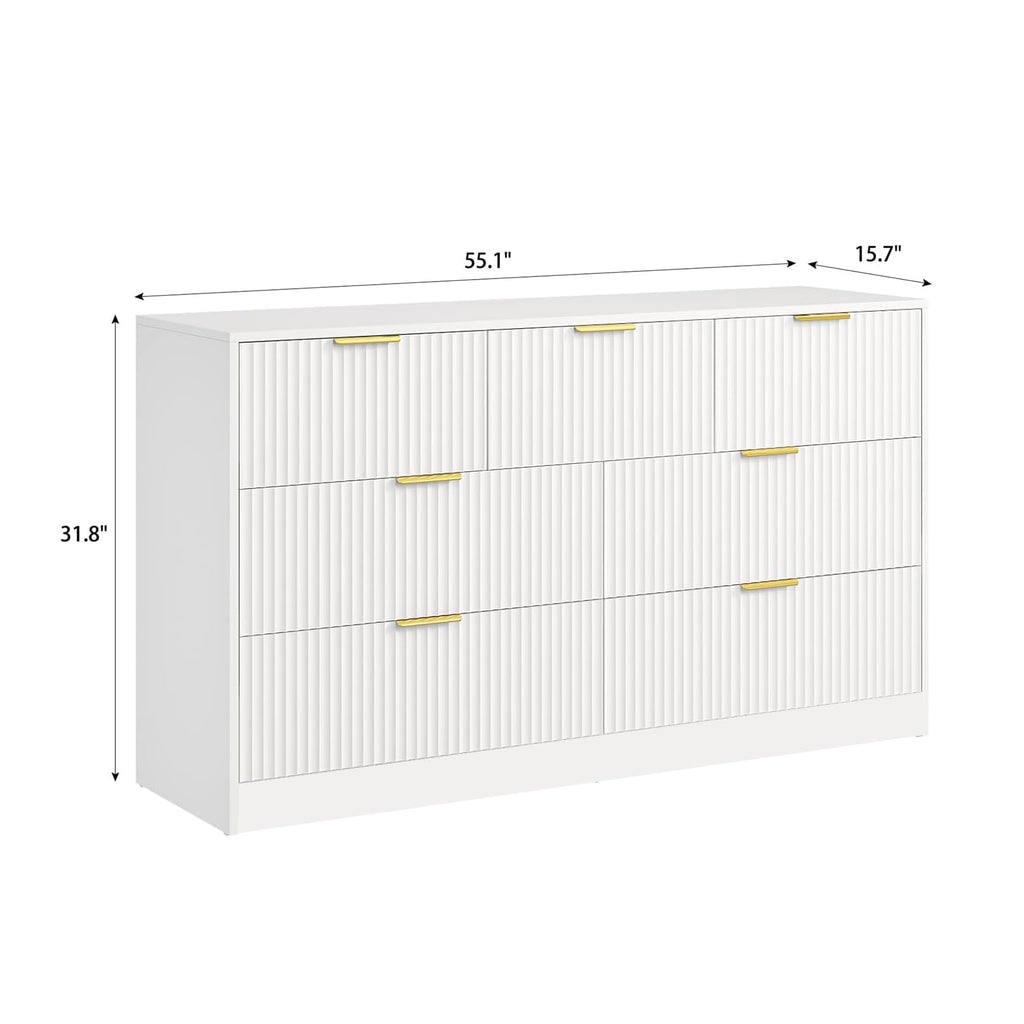 Sscaktu 7 Drawer Fluted Dresser with Deep Drawers for Bedroom, White丨55 Wide Mid Century Dresser, Modern Chest of Drawers, Wood TV Stand Storage Organizer for Closet, Living Room, Hallway