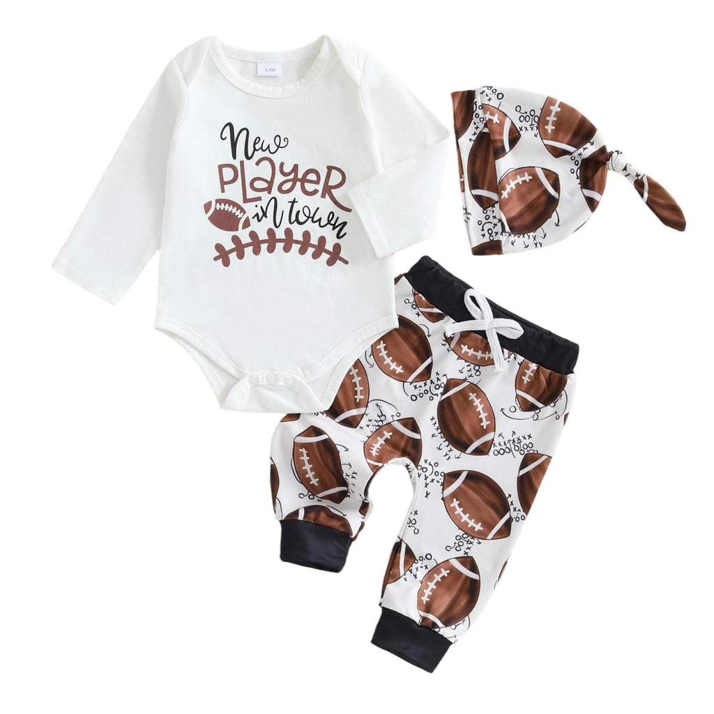 Doqcey Newborn Baby Boy Football Clothes New Player in Town Long Sleeve Romper Long Pants Hat Set Fall Coming Home Outfit (White-A, 3-6 Months)