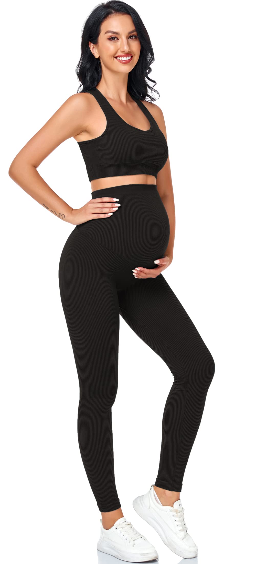 Lataly Women's Maternity 2 Piece Outfit Set - Bra & Shorts for Pregnancy - Yoga workout Lounge Wear Sets