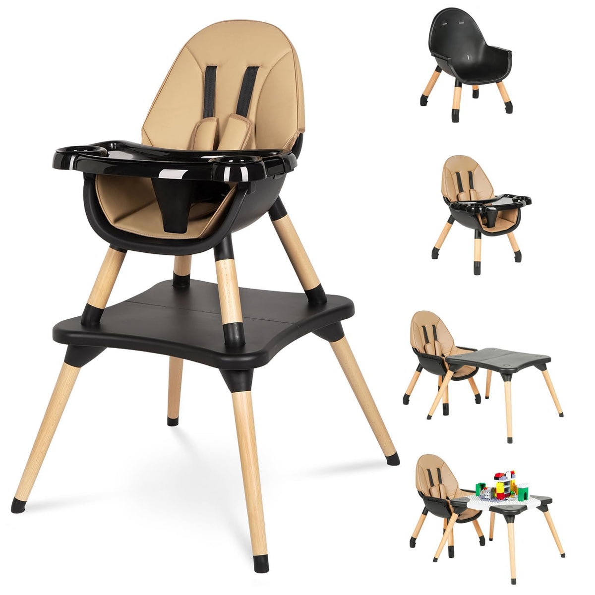 6 in 1 High Chair for Babies & Toddlers, Convertible Wooden Baby Highchair