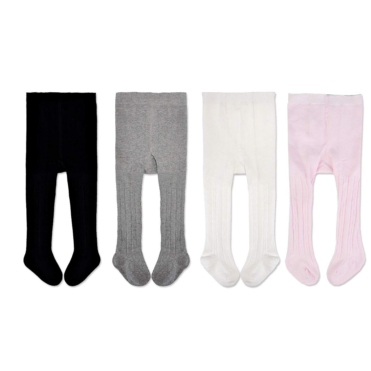 EPEIUS Infant Girl Tights Baby Girl Boy Seamless Cable Knit Leggings Solid Cotton Stockings Footed Pants Pantyhose for 6-12 Months 4 Pairs Pack,Black/White/Light Grey/Baby Pink