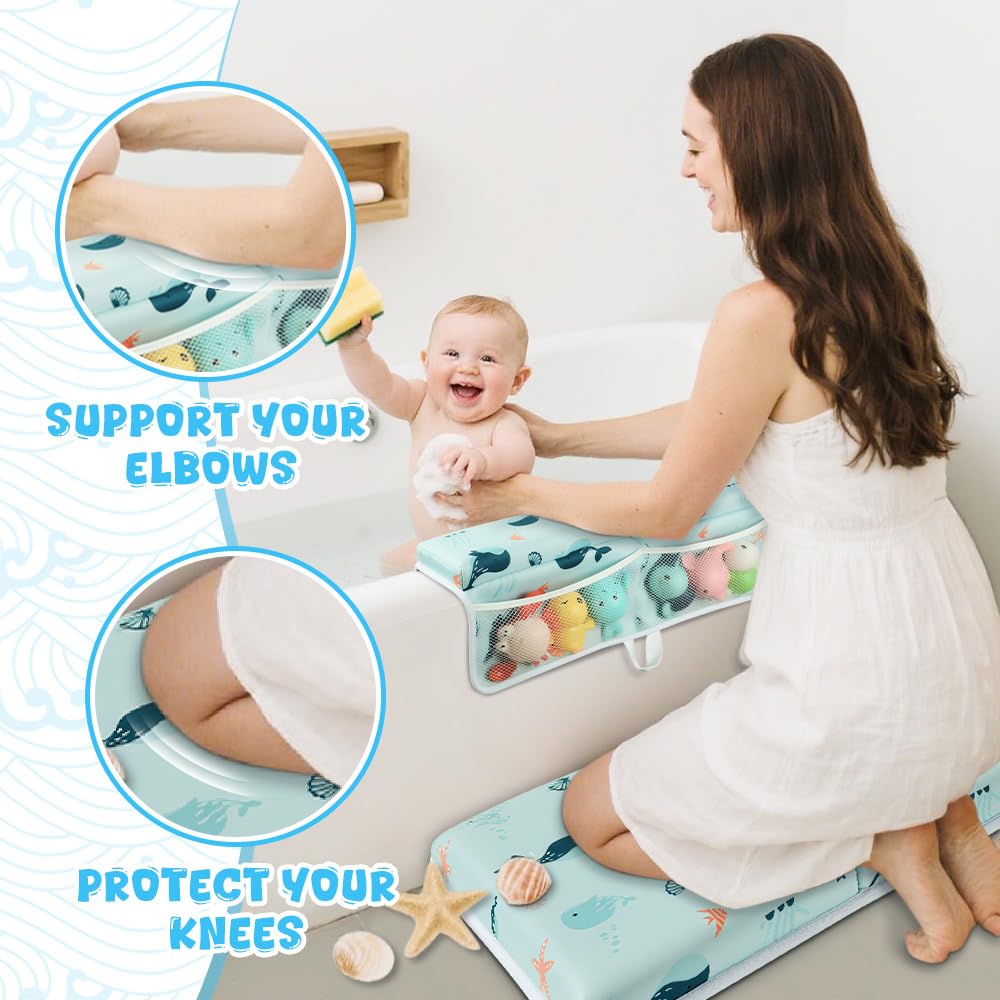 SKEFOLI Baby Bath Kneeler and Elbow Rest Pad Set,1.5" Thick Baby Bath Kneeler Pads with Toys Organizer, Pads to Support The Arm, Essentials, Ideal Kneeling Pad for Bathing（Blue）