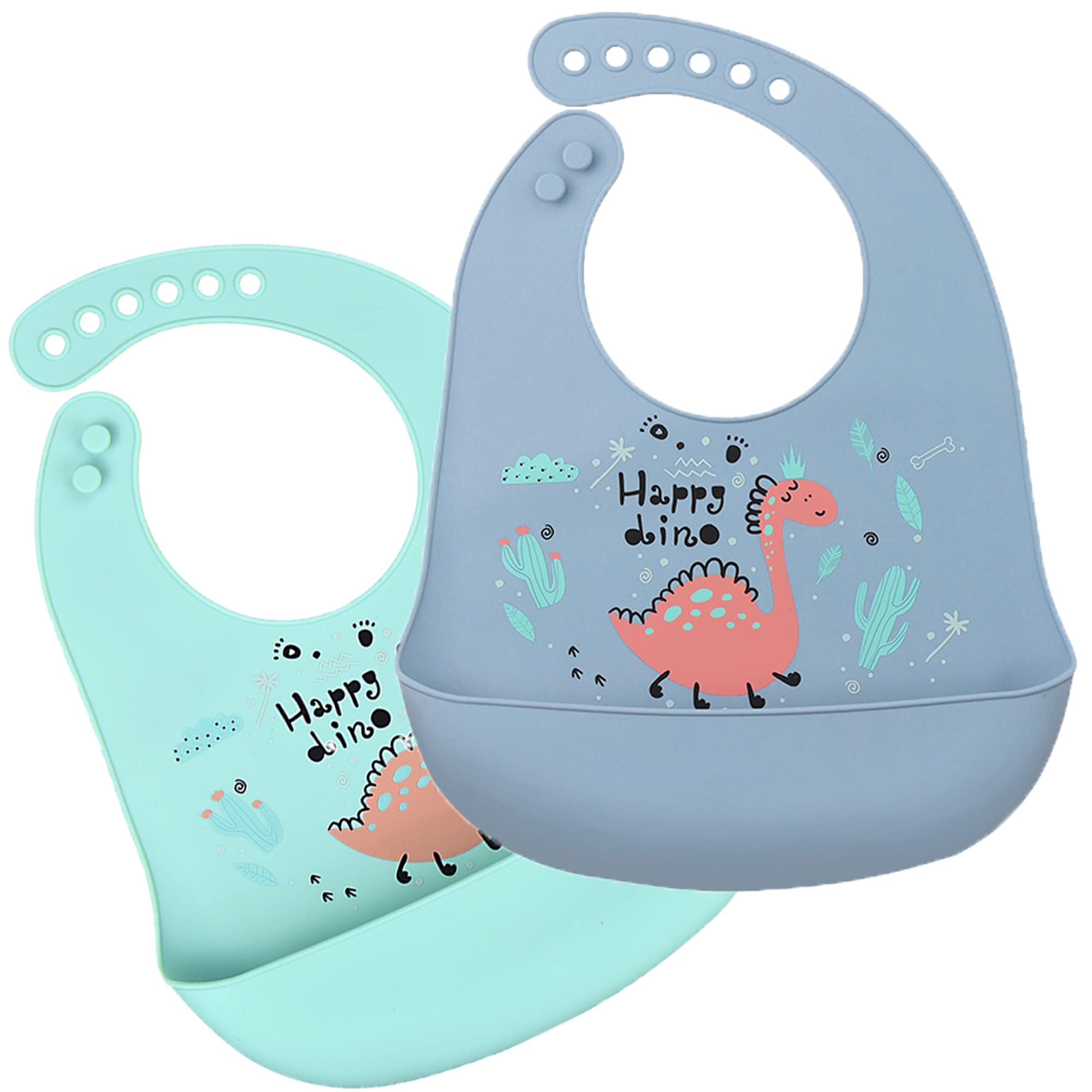 Eimmabey Silicone Bibs for Babies and Toddlers 2 Sets Feeding Bibs for Boy and Girl, Adjustable Soft Waterproof with Food Catcher Dinosaur