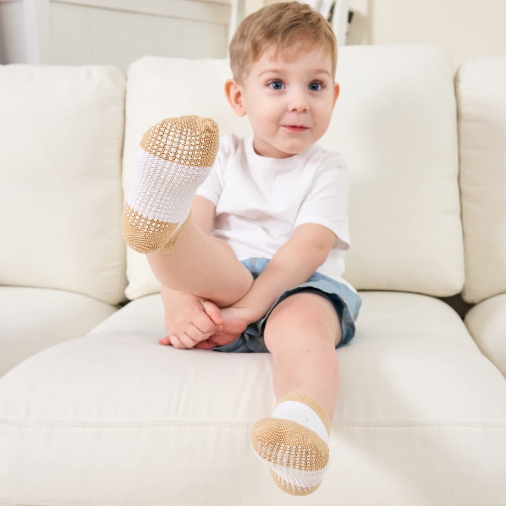 ZAPLES Baby Boys Non Slip Grip Ankle Socks with Non Skid Soles for Infants Toddlers Kids, 9 Pairs, Color-Blocked, 4-7 Years
