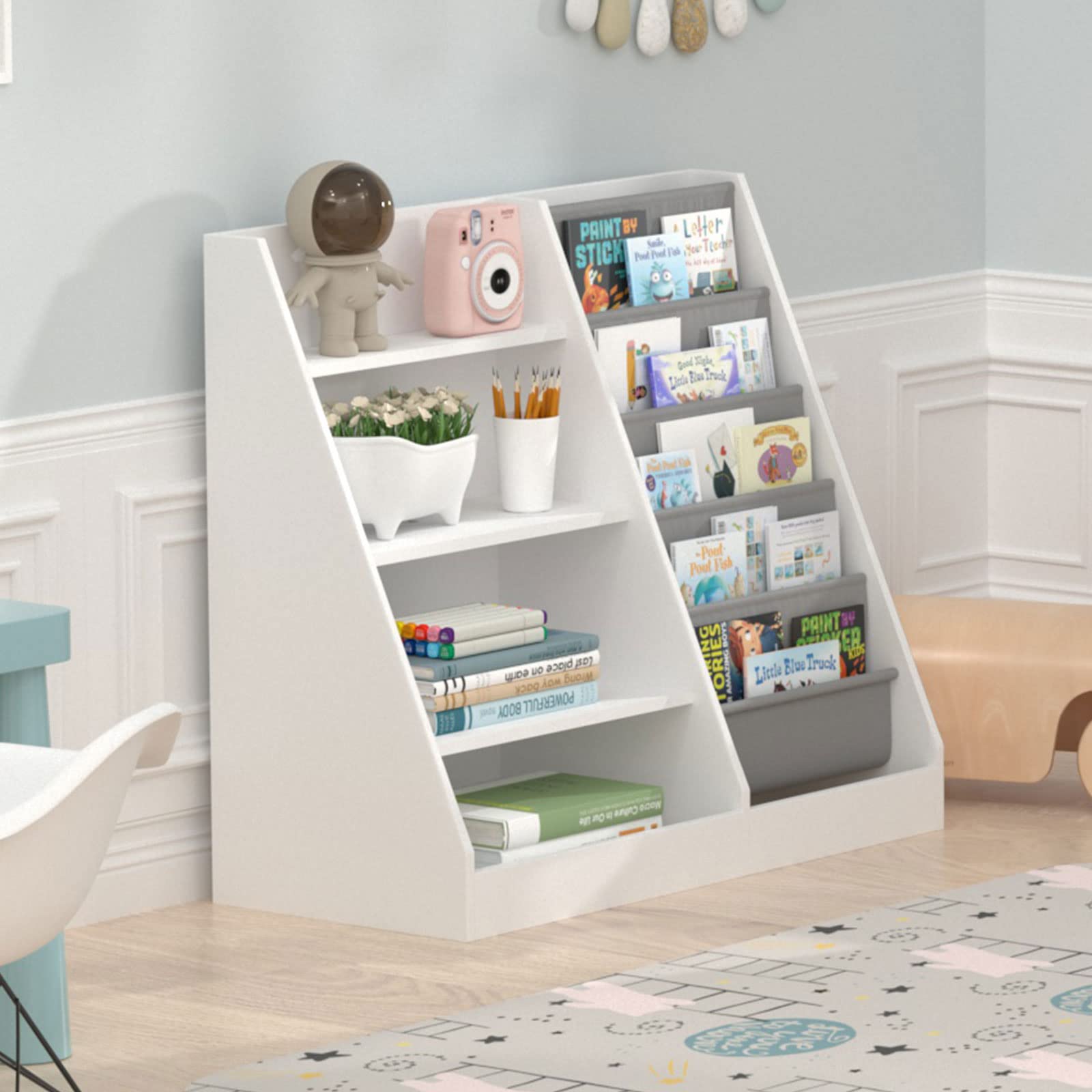 HedoAjim 4 Tier Kids Wooden Bookshelf, 5 Layer Sling Toddler Bookcase,Baby Storage Book Rack,Book and Toy Organizer Cabinet,Children Book Display,Playroom Nursery Classroom Kid Room