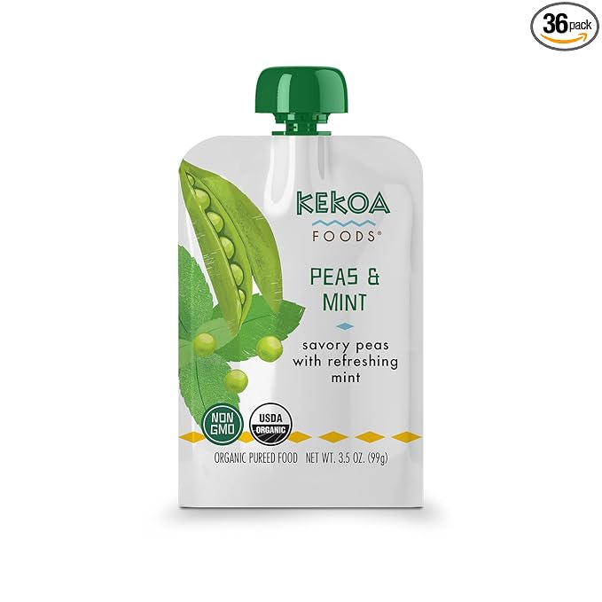 Kekoa Foods Peas & Mint Baby Food Purée | 100% USDA Certified-Organic Vegetarian Squeeze Pouch | Organic, Non-GMO, Gluten-Free, Vegan | Fiber & Protein Boosting First Food for Babies | 3.5 oz