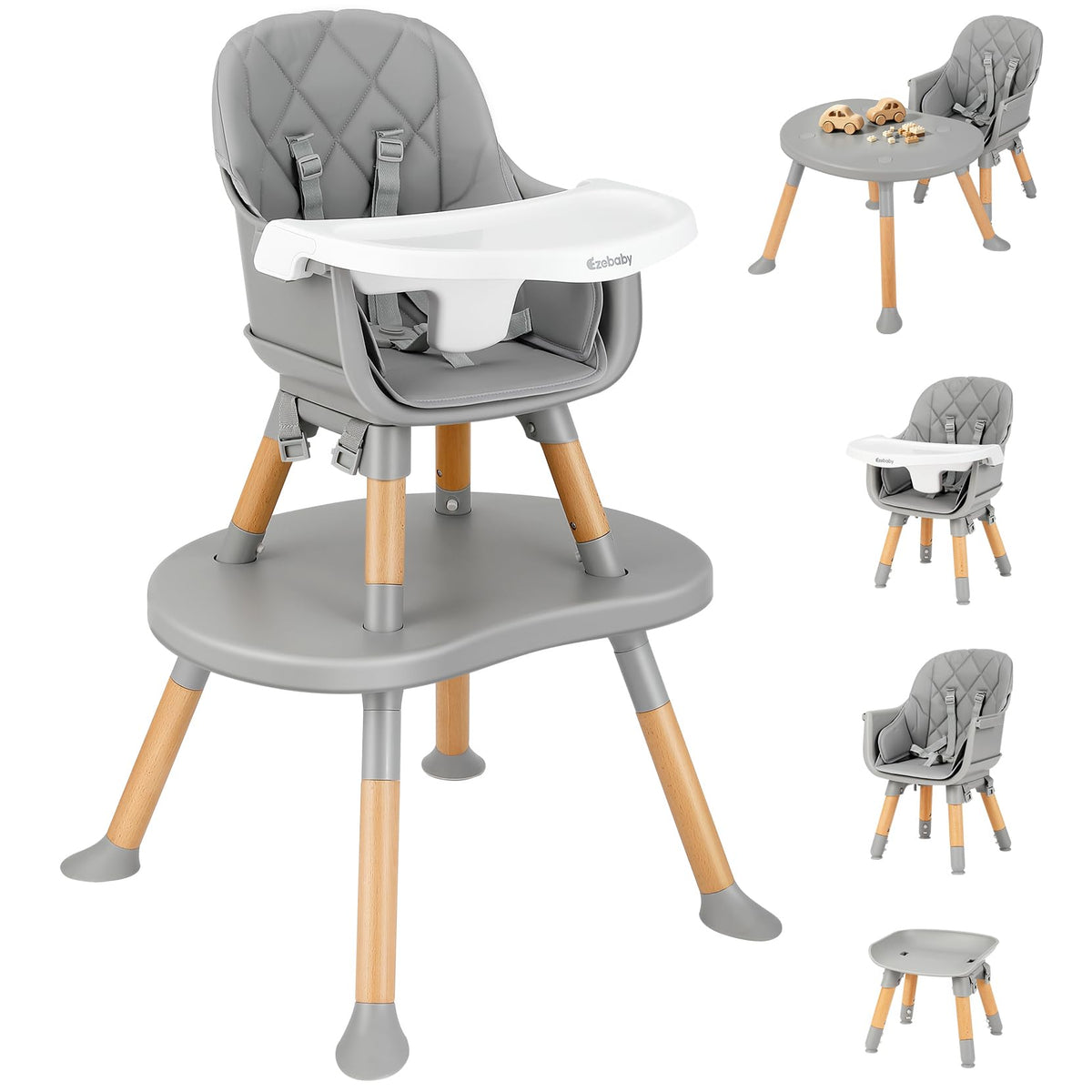 Ezebaby 8-in-1 Baby High Chair, Convertible High Chair for Babies and Toddlers/Booster Seat/Toddler Chair/Table & Chair Set/Kids Stool, Wood Highchair with Removable Tray, Seatbelt, PU Cushion (Gray)