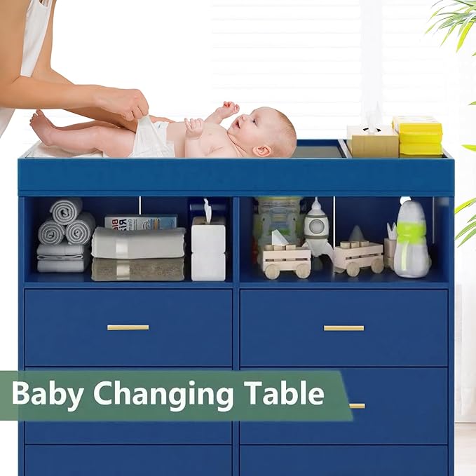 GarveeHome Dresser for Bedroom with 6 Drawers, Baby Changing Table Dresser with Changing Pad, LED Lights & Charging Station, Baby Changing Station with Changing Table Top