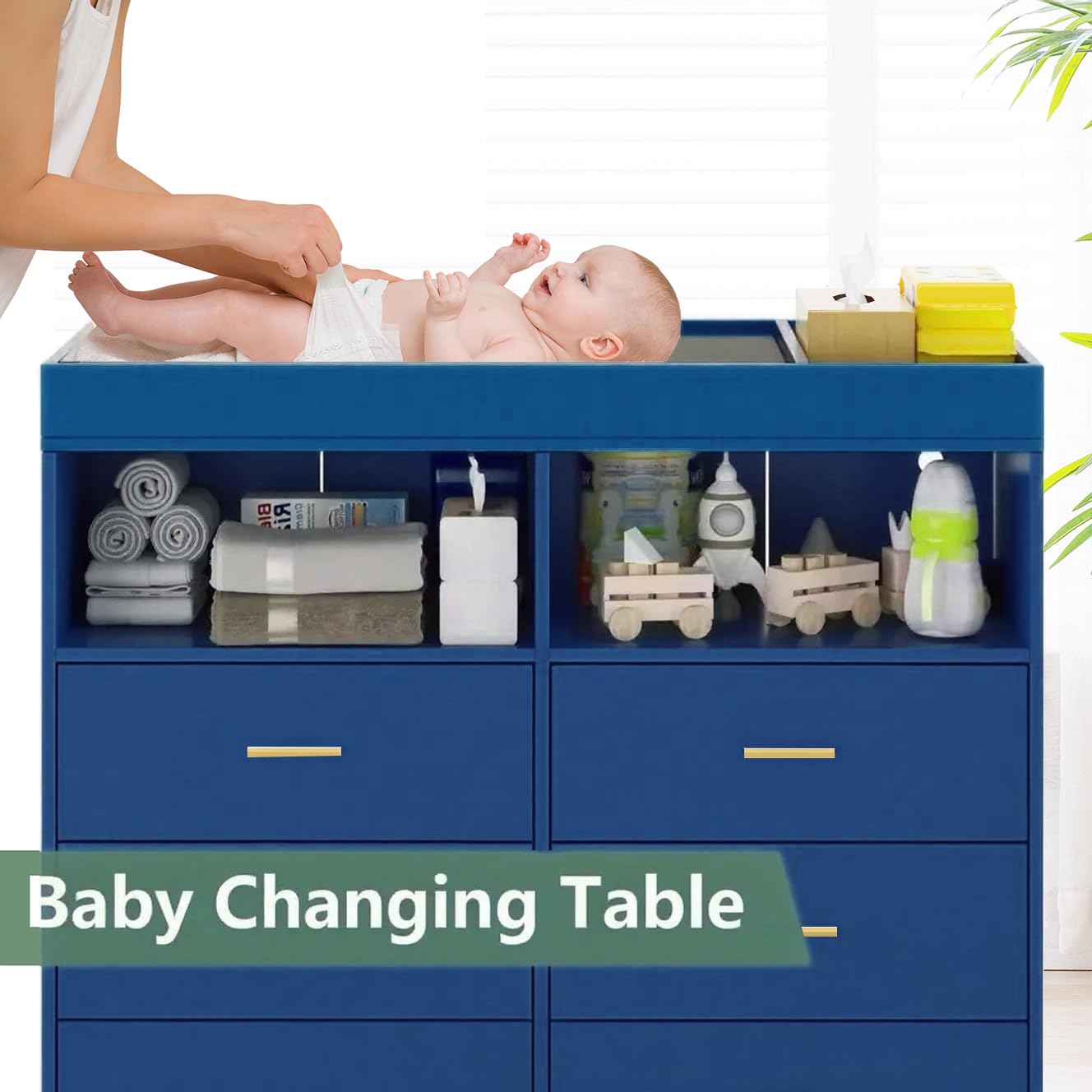Babevy Changing Table Dresser with Drawers, Baby Dresser with Changing Table Top, Power Outlet, LED Light & Metal Feet, Diaper Changing Station Nursery Organizer for Infants Newborn (Blue)