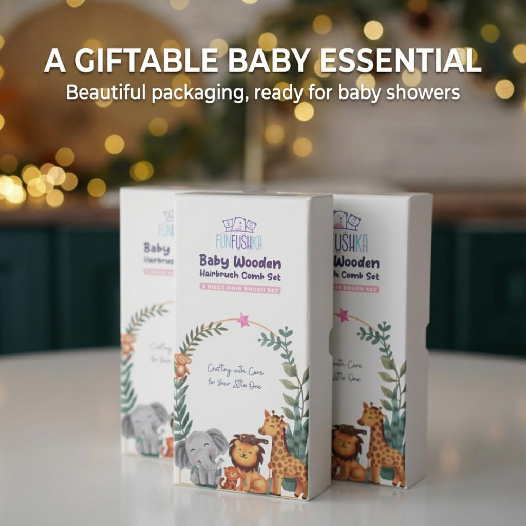 FUNFUSHKA Baby Hair Brush Set for Newborns - Baby Brush and Comb Set - Ultra Soft Goat Hair Bristles, Perfect for Cradle Cap, Newborn Showers & Registries Gift, Comb Brush for Girls & Boys (Sky)
