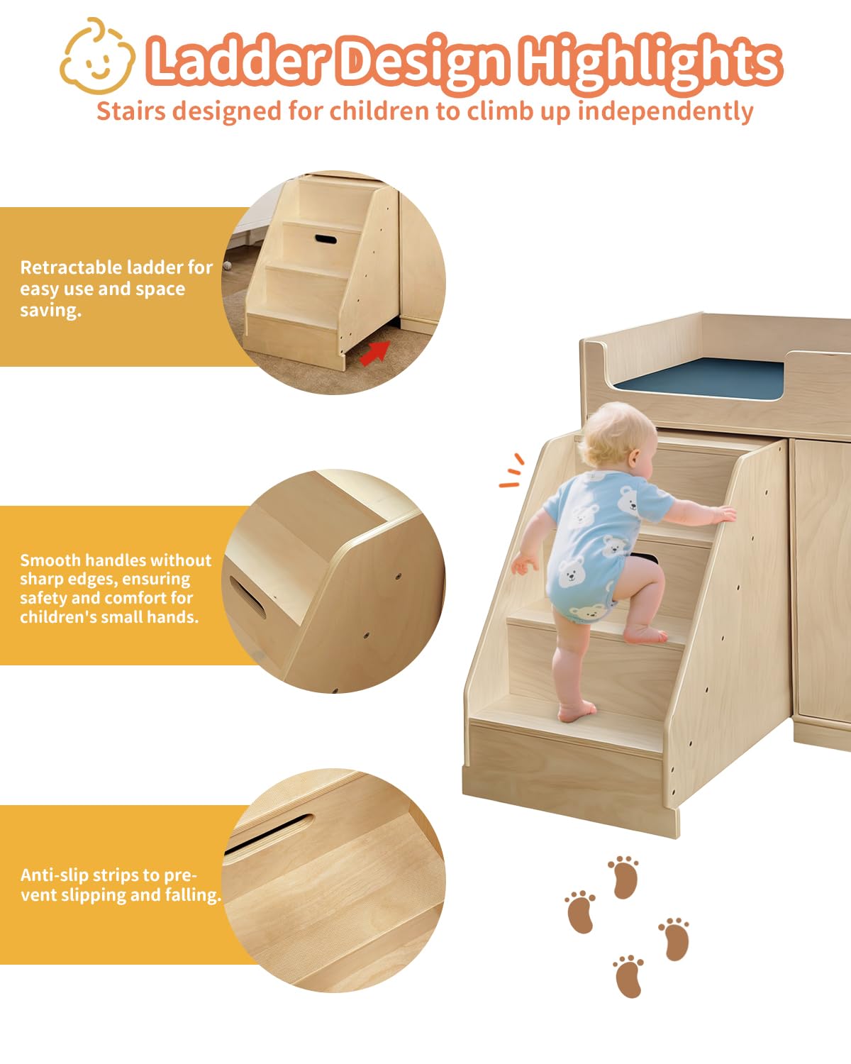 kidi house Wooden Baby Changing Table with Stairs, Mirror & Storage