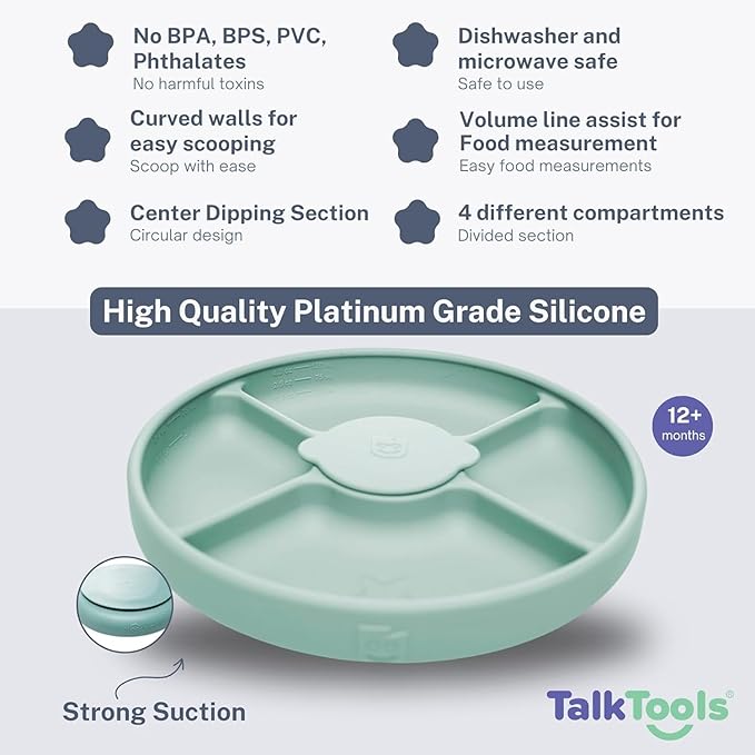 Talktools Bitsy Feeding Kid's Essentials Plate Set – Toddler Utensils, Spoon and Fork, Plate Lid, Perfect for Mealtime – Strong Suction Toddler Plates with 4 Compartments (Set-Sage)
