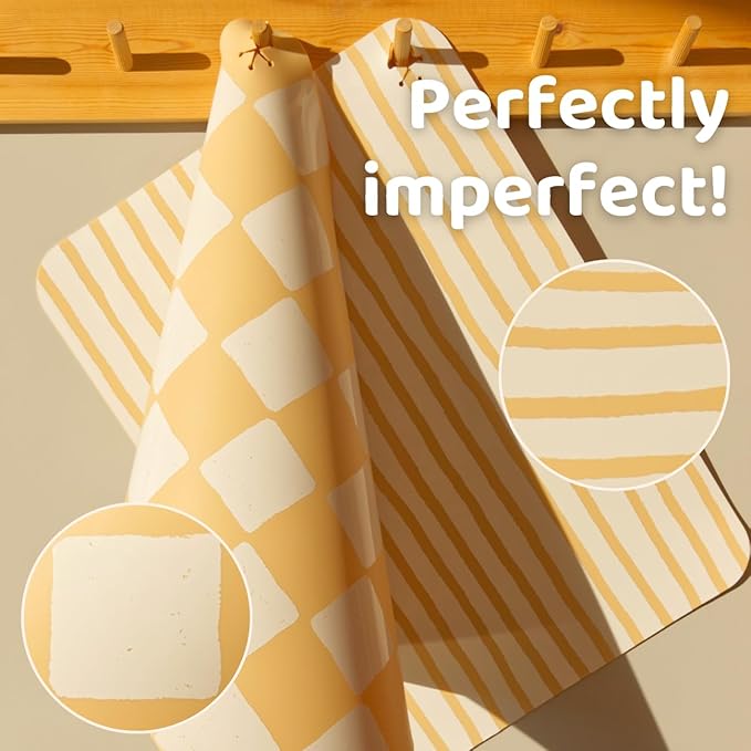 APLAINR Proud Placemats, Silicone Placemats for Babies, Toddlers & Kids, Activity Mats for Children, Checkered and Stripe Patterns, Non Slip, 16 x 12 inch, Set of 2, Oat Cream