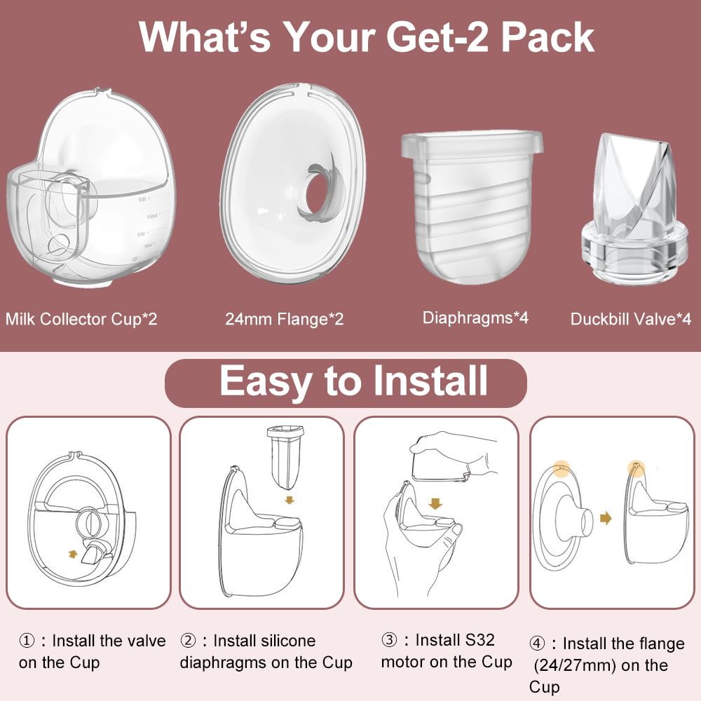 Two Full Sets Breast Pump Parts with 24mm Flange Compatible with NCVI/Nuliie/NICEGREEN Life/Zooawa S32 Breast Pump Replacement Parts,S32 Pump Parts,Extra Duckbill Valve&Diaphragm