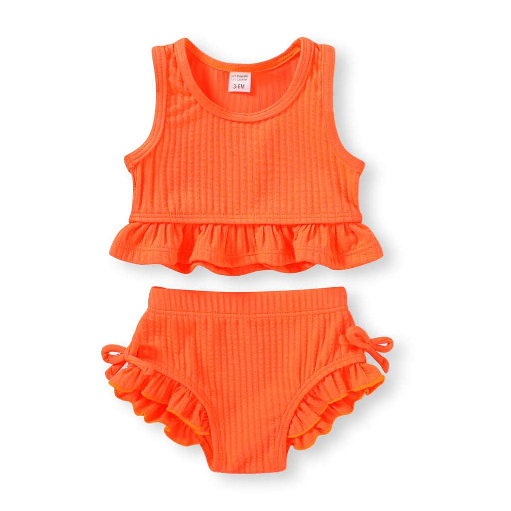 HAPPYMA Baby Swimsuit Toddler Girl Bathing Suit Summer Solid Color Bikini Set Beach Two Piece Swim Wear (Orange, 2-3T)