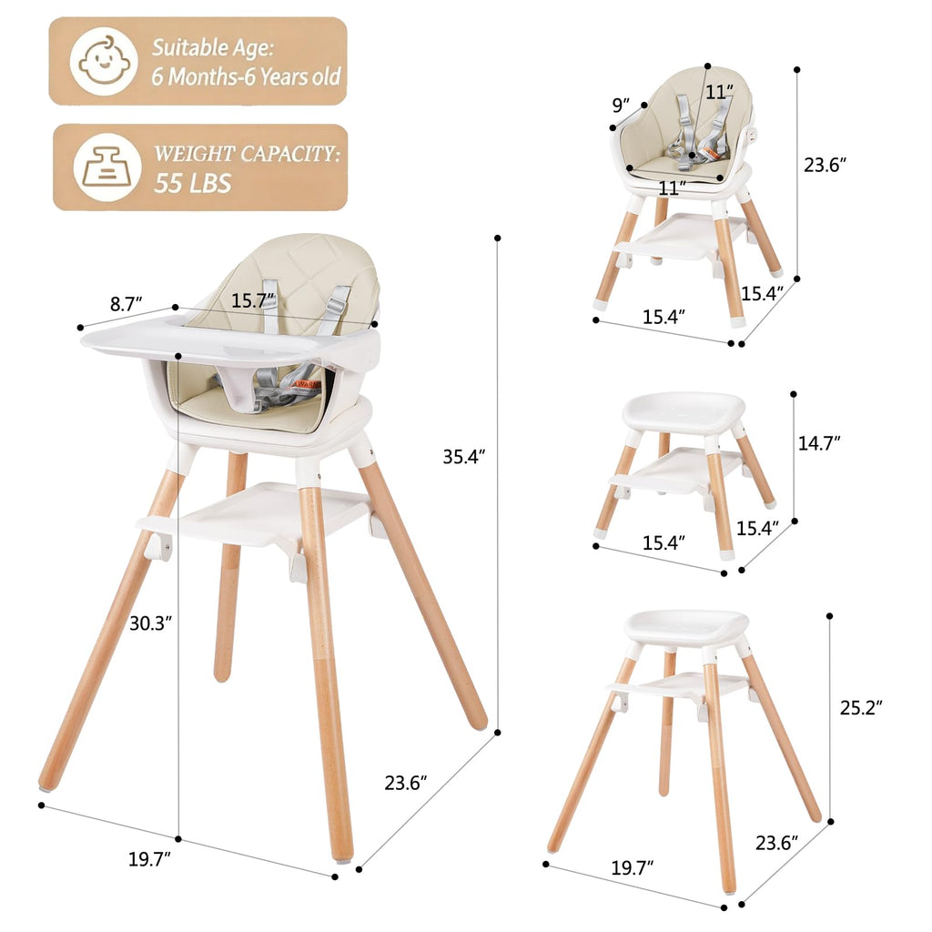 6 in 1 Baby High Chair, Convertible Wooden High Chairs, Beige