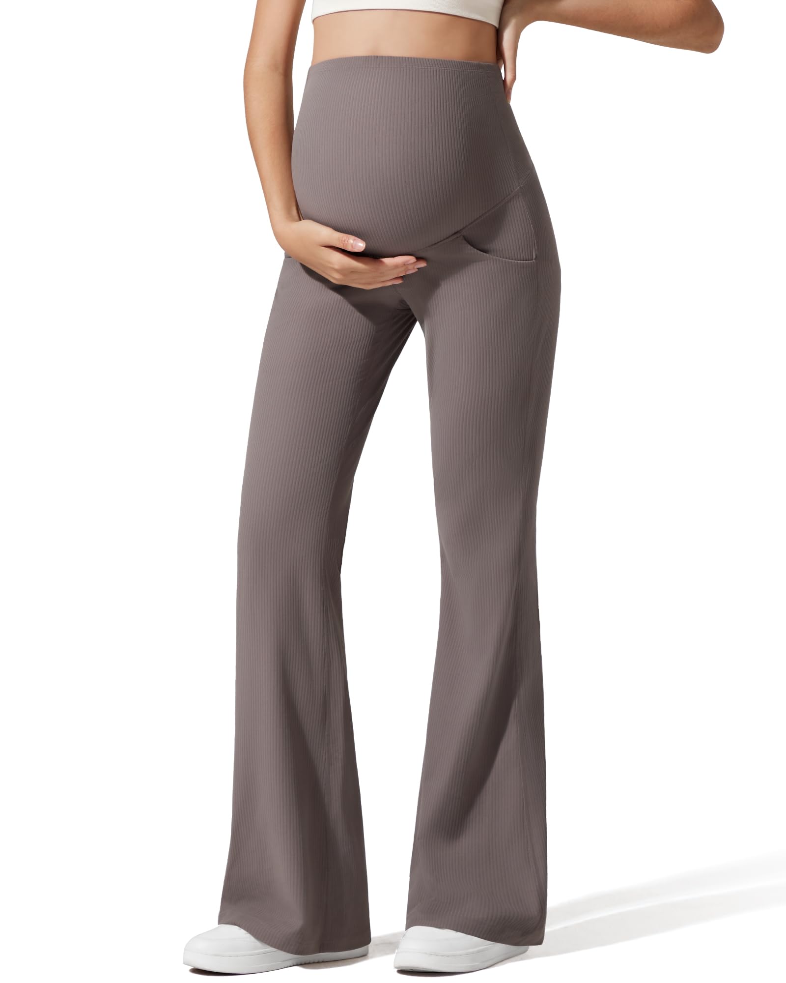 G4Free Maternity Leggings with Pockets Over The Belly Casual Yoga Trousers Comfy Over Bump Stretch Pregnancy Pants(Taupe,L,Petite)