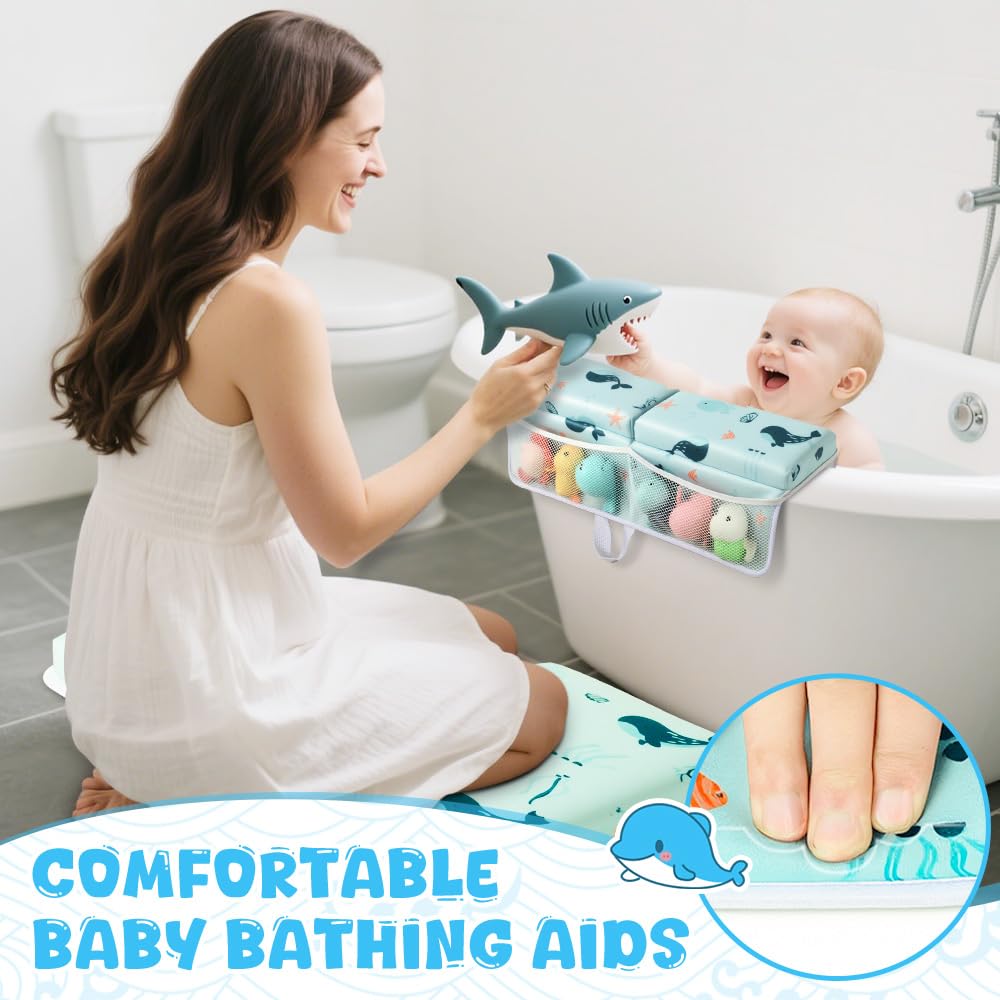 SKEFOLI Baby Bath Kneeler and Elbow Rest Pad Set,1.5" Thick Baby Bath Kneeler Pads with Toys Organizer, Pads to Support The Arm, Essentials, Ideal Kneeling Pad for Bathing（Blue）