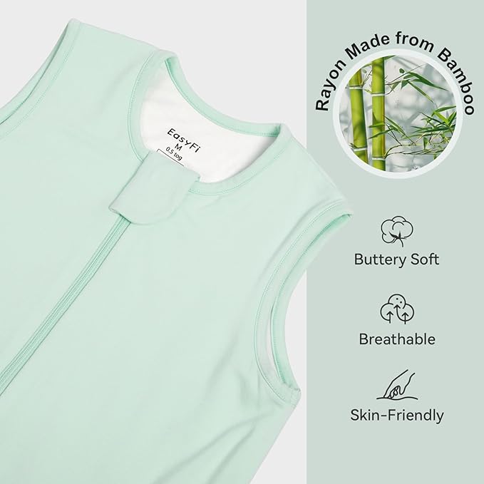 Rayon Made From Bamboo Sleep Sack 6-12 Months 0.5 Tog Ultra Soft Summer Toddler Sleep Sack with Feet 2-Way Zipper Lightweight Baby Sleeping Bag with Legs Thin Baby Wearable Blanket-Green