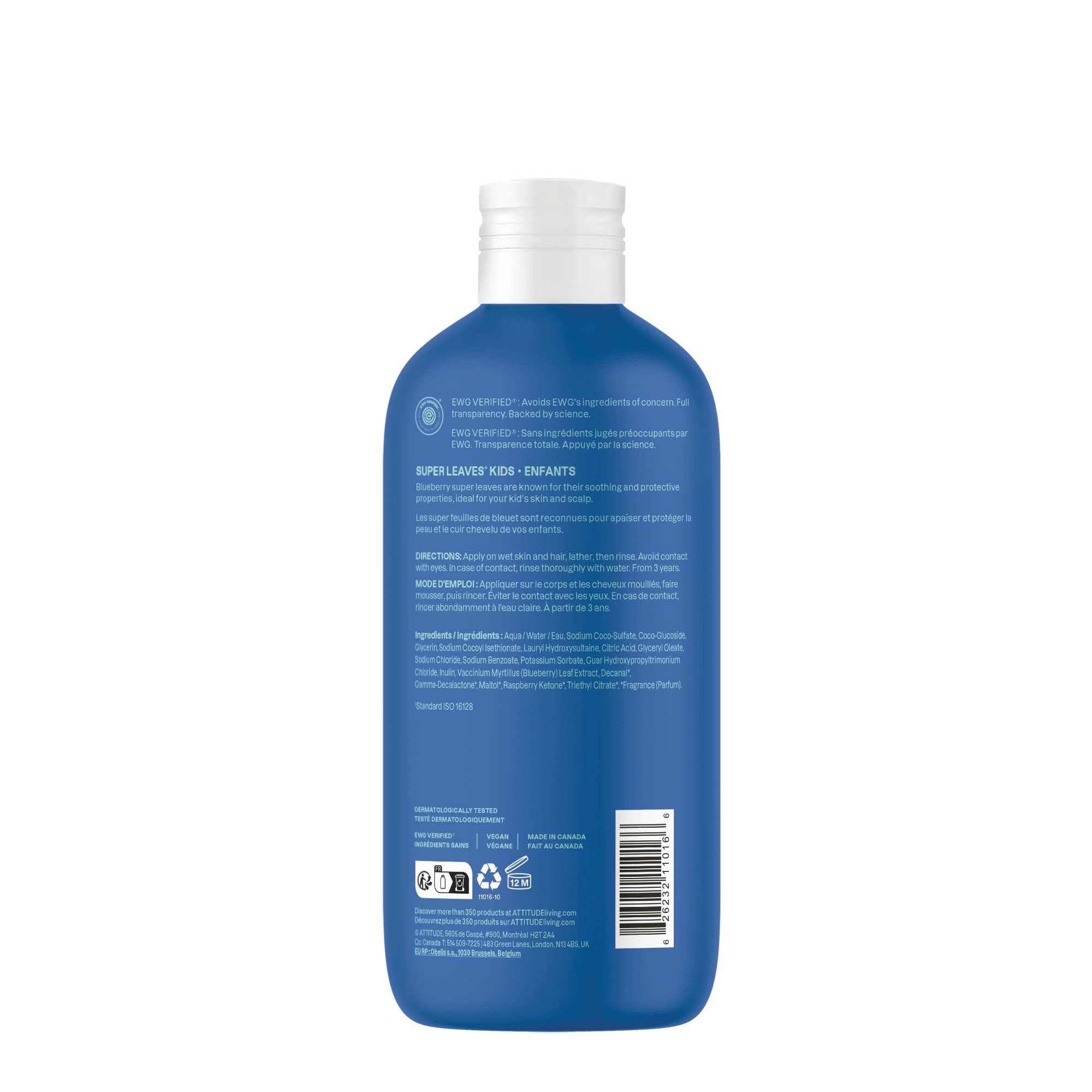 ATTITUDE Shampoo and Body Wash for Kids, EWG Verified Hair and Body Cleanser, Dermatologically Tested Soap, Plant and Mineral Based Bath Products, Vegan, Blueberry, 16 Fl Oz