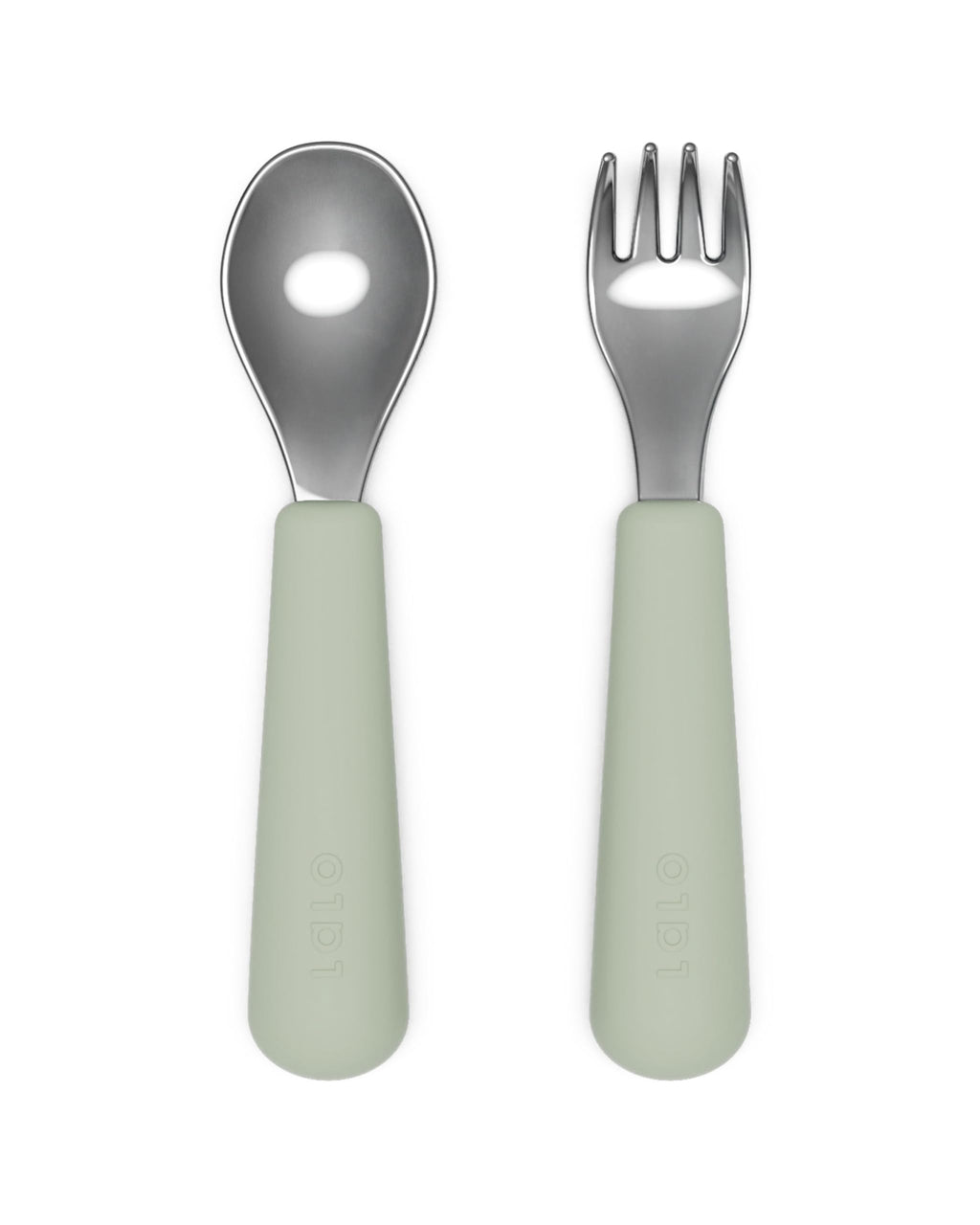 Lalo Utensils - Toddler Fork and Spoon Set - Stainless Steel and Silicone Ergonomic Toddler Utensils - Children Safe Flatware Set - 2 Pieces - Sage