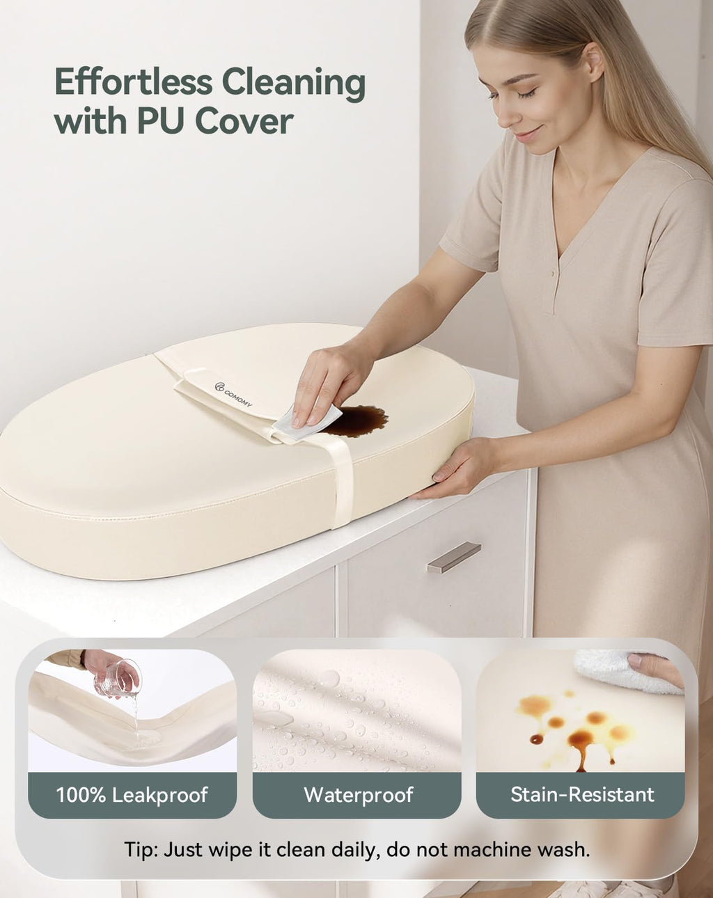 COMOMY Baby Changing Pad with Wipeable & Waterproof PU Cover, Contoured Diaper Changing Pad for Dresser with Non-Slip Safety Belt, Portable and Lightweight, Large Cushioned Foam, Beige