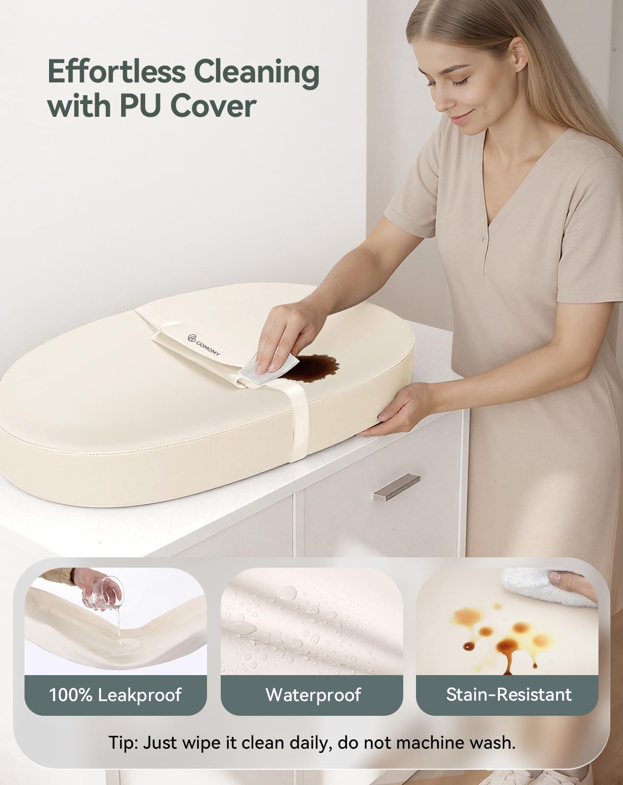 COMOMY Baby Changing Pad with Wipeable & Waterproof PU Cover, Contoured Diaper Changing Pad for Dresser with Non-Slip Safety Belt, Portable and Lightweight, Large Cushioned Foam, Beige