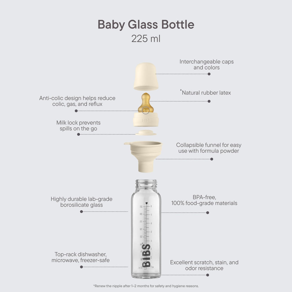 BIBS Baby Glass Bottle. Anti-Colic. Round Natural Rubber Latex Nipple. Supports Natural Breastfeeding, Complete Set - 225 ml, Dusky Lilac
