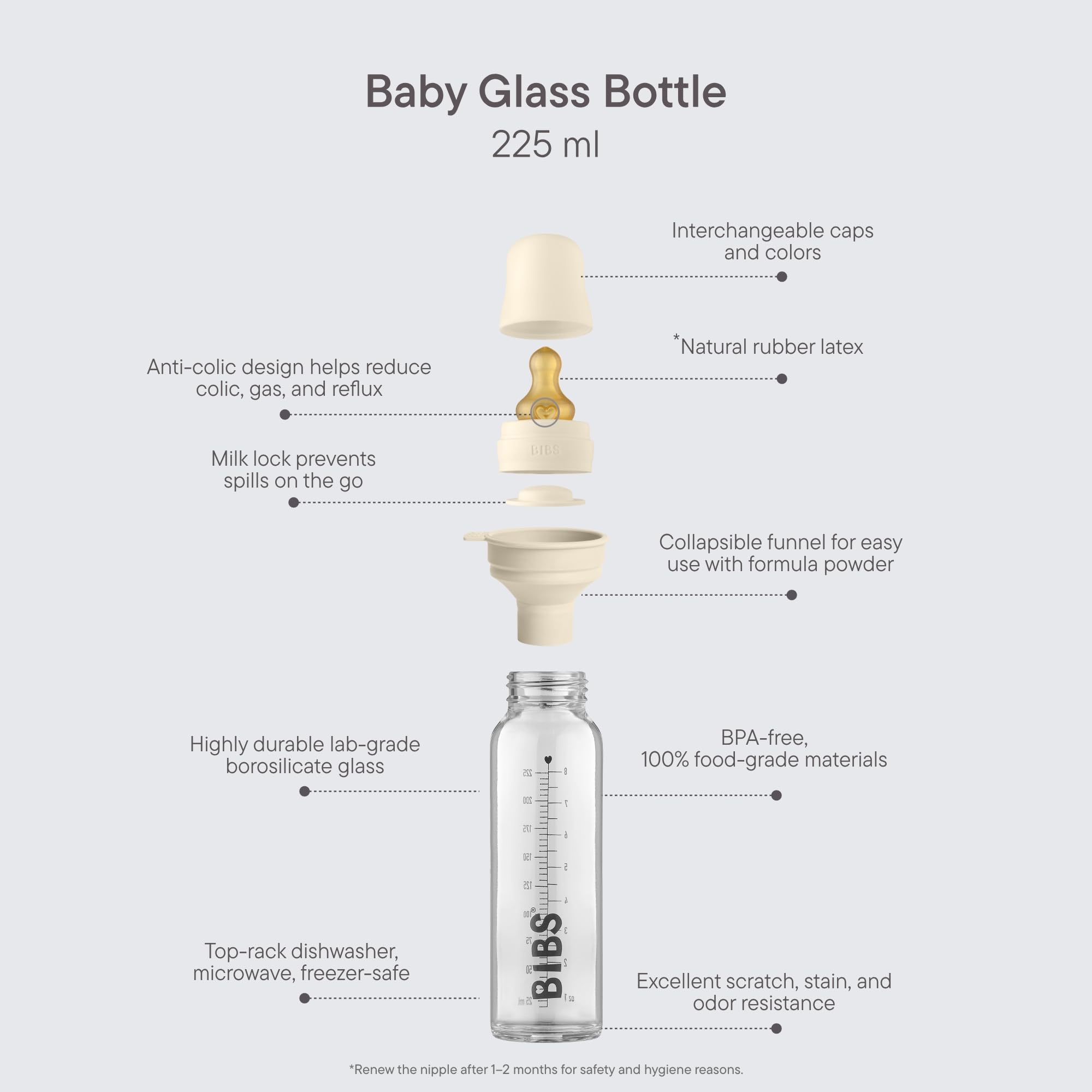 BIBS Baby Glass Bottle. Anti-Colic. Round Natural Rubber Latex Nipple. Supports Natural Breastfeeding, Complete Set - 225 ml, Dusky Lilac