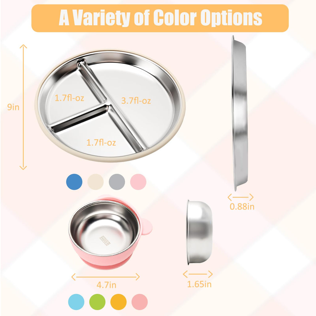 MISSLILI Stainless Steel Baby Plate and Bowls with Suction - 4 Packs