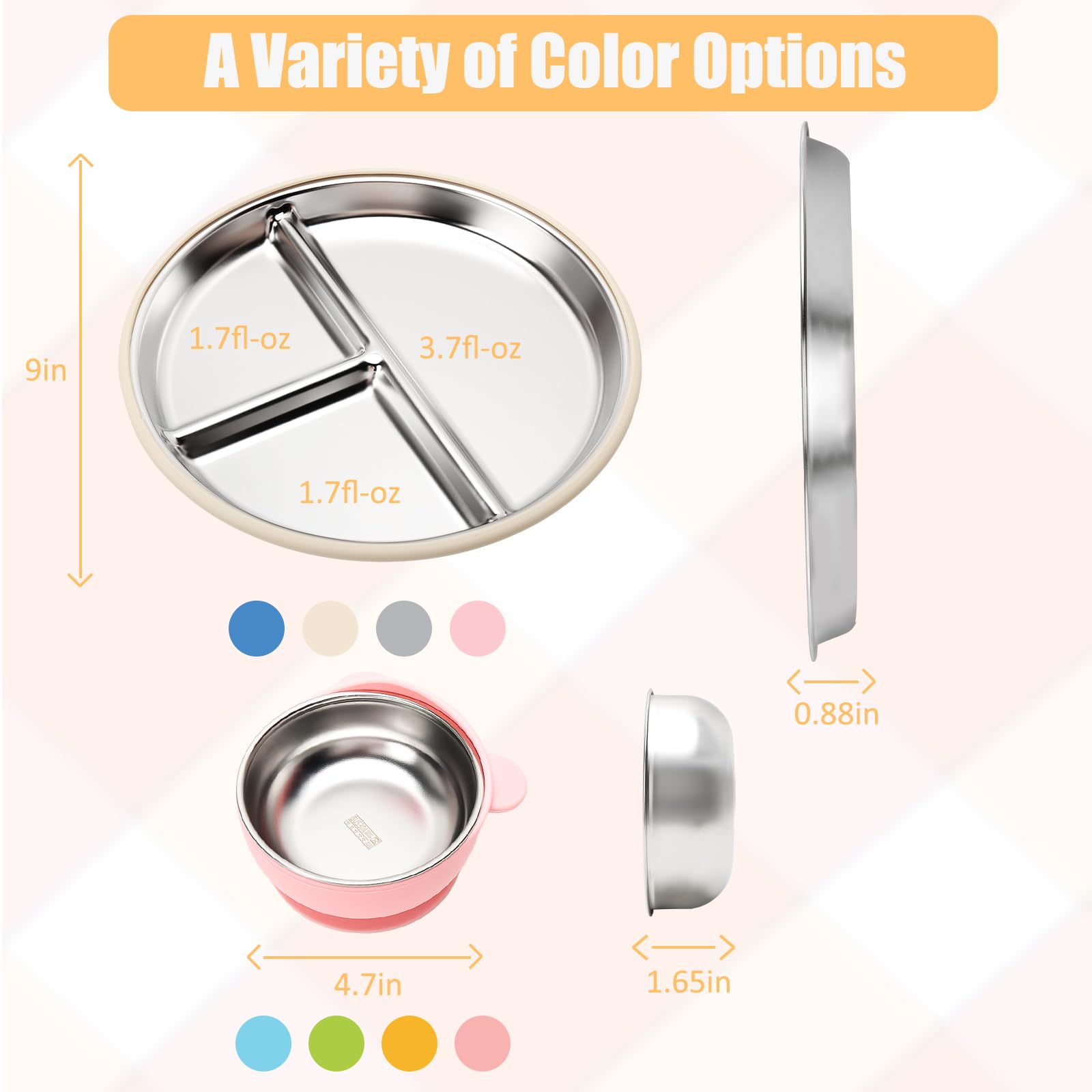 MISSLILI Stainless Steel Baby Plate and Bowls with Suction - 4 Packs