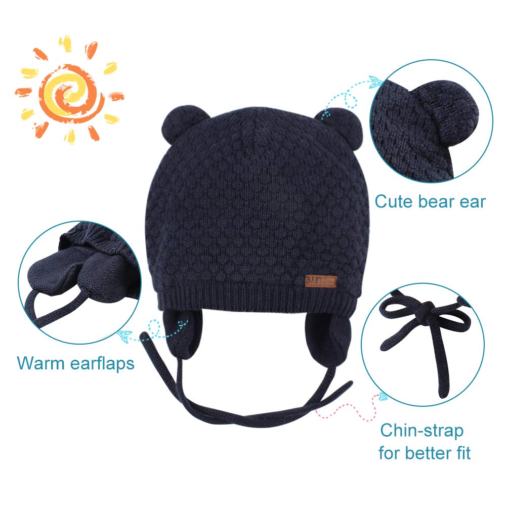 BAVST Baby Toddler Winter Beanie Warm Boys Girls Earflap Hat Infant Knit Caps Cute Bear Soft Cotton Lining for 0-36M (Navy, L(12-36M))