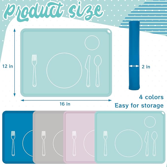 Zhehao 4 Pcs Montessori Kids Placemat 16 x 12'' Non Slip Baby Silicone Placemats for Toddlers Baby Eating Mat Food Mats for Toddler Dining Table Setting Learning Travel Kitchen(Multi Colors)