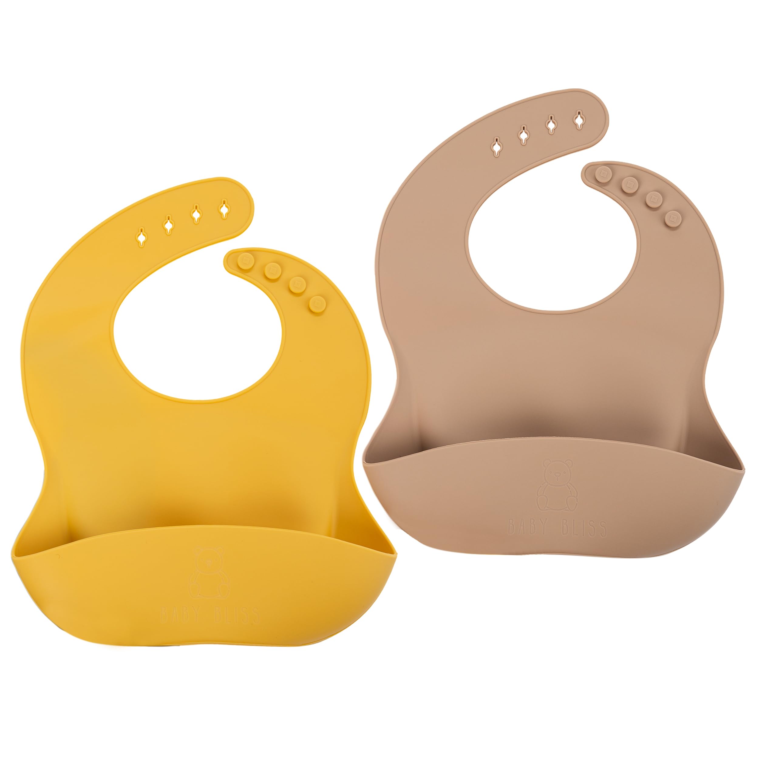 Baby Bliss Silicone Baby Bibs (2-Pack) – Waterproof Soft Silicone Feeding Bibs with Food Catcher for Babies & Toddlers, Adjustable Neck, BPA-Free, Unisex for Boys & Girls